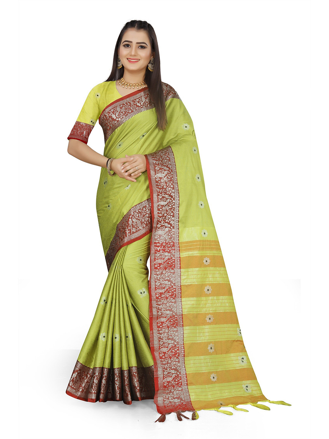 

Grubstaker Women Yellow & Brown Woven Design Zari Pure Cotton Kanjeevaram Saree