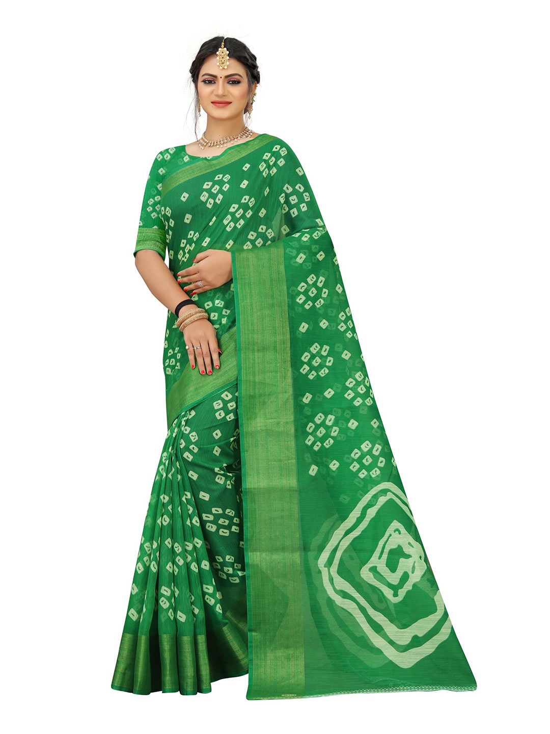 

Grubstaker Green & Gold-Toned Bandhani Art Silk Saree
