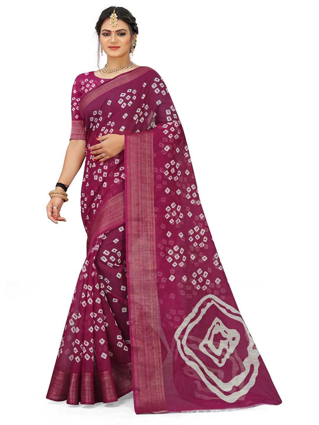 

Grubstaker Purple & White Bandhani Zari Art Silk Half and Half Mysore Silk Saree