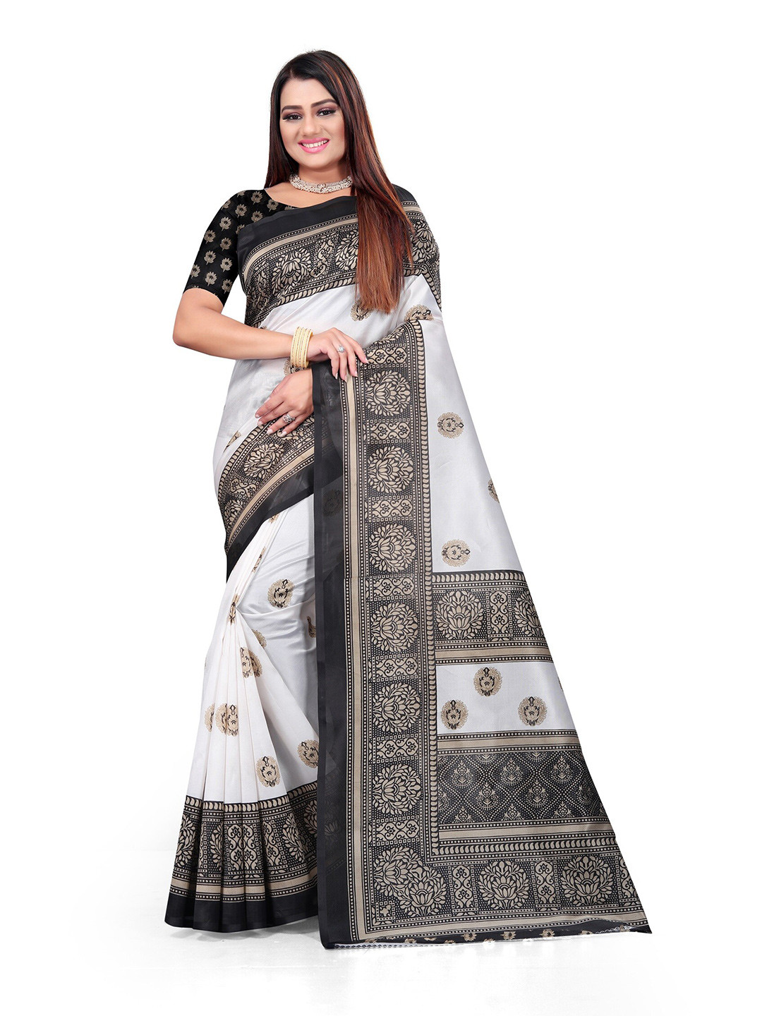 

Grubstaker White & Black Ethnic Motifs Art Silk Mysore Silk Saree