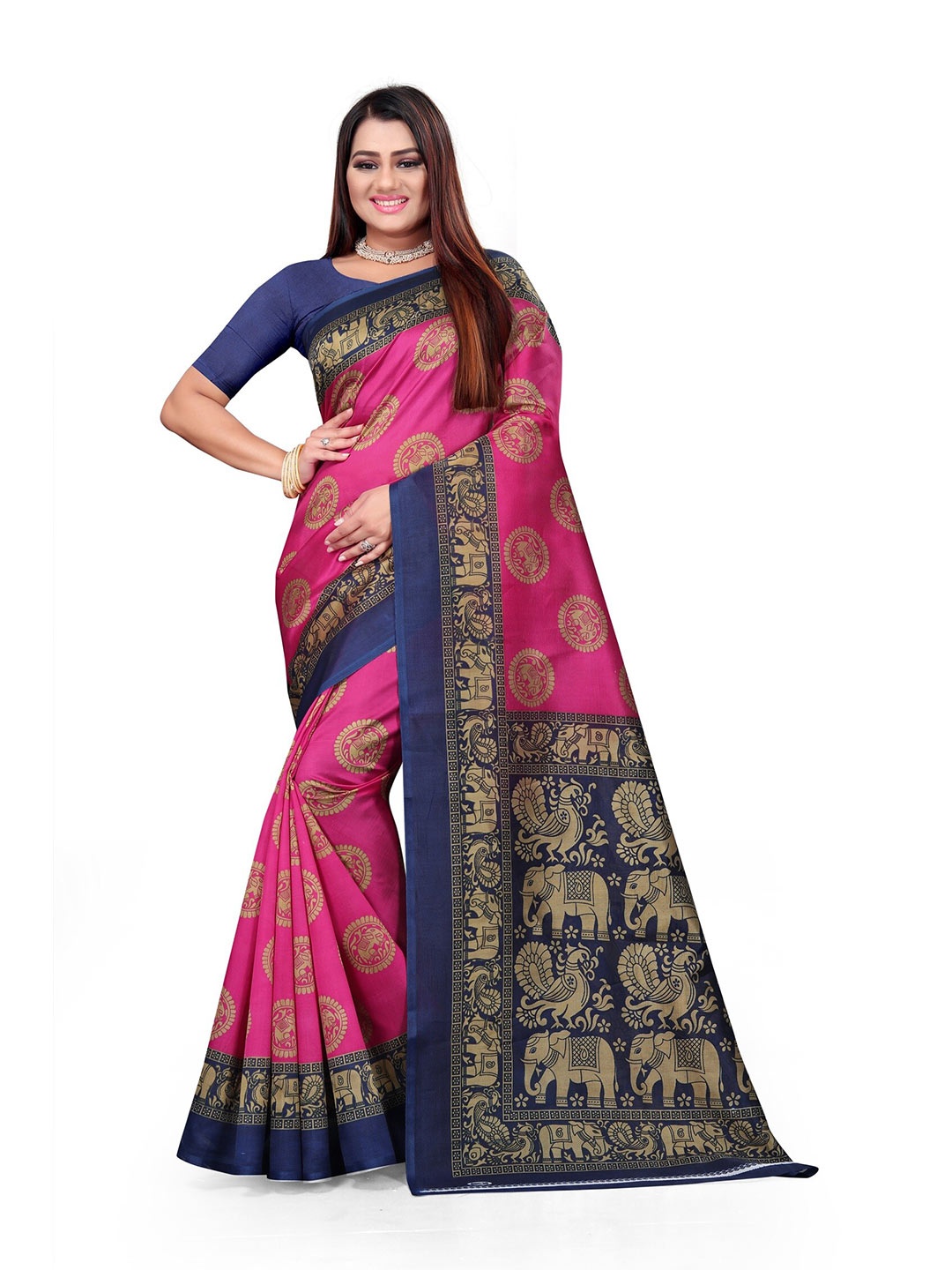 

Grubstaker Women Pink & Navy Blue Ethnic Motifs Art Silk Mysore Silk Saree