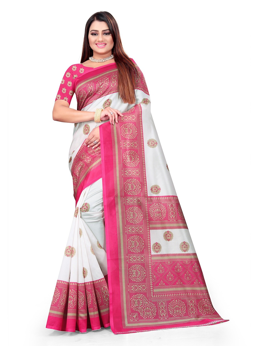 

Grubstaker White & Pink Ethnic Motifs Art Silk Mysore Silk Saree