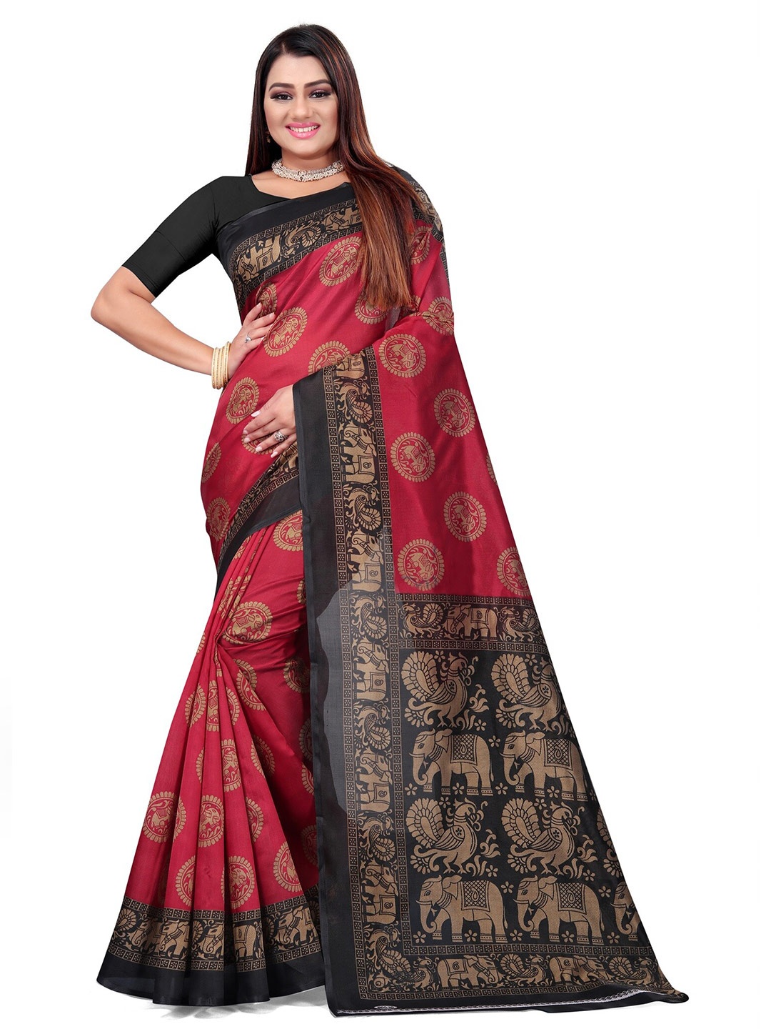 

Grubstaker Red & Black Ethnic Motifs Art Silk Half and Half Mysore Silk Saree