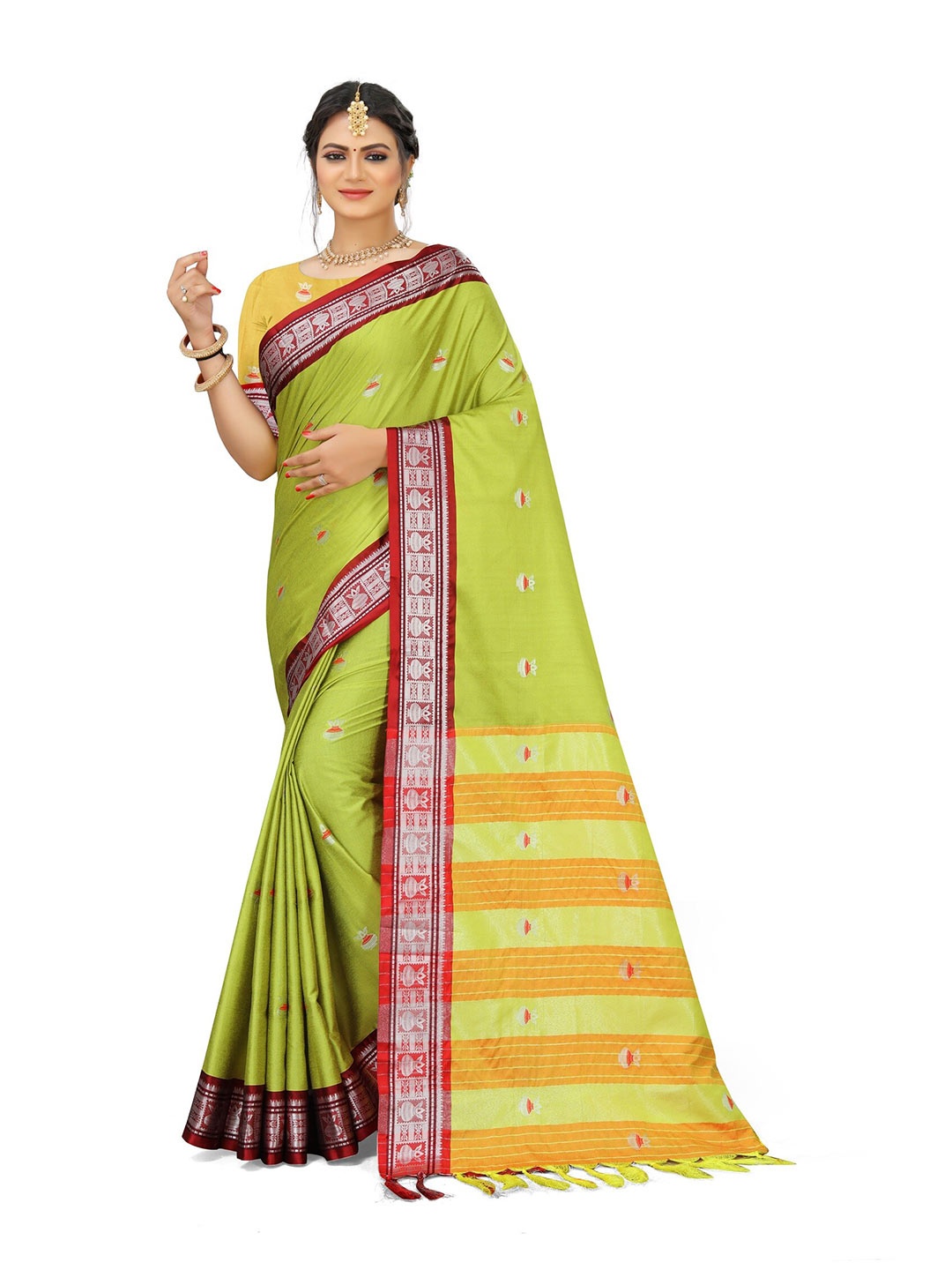 

Grubstaker Yellow & Red Woven Design Zari Pure Cotton Kanjeevaram Saree
