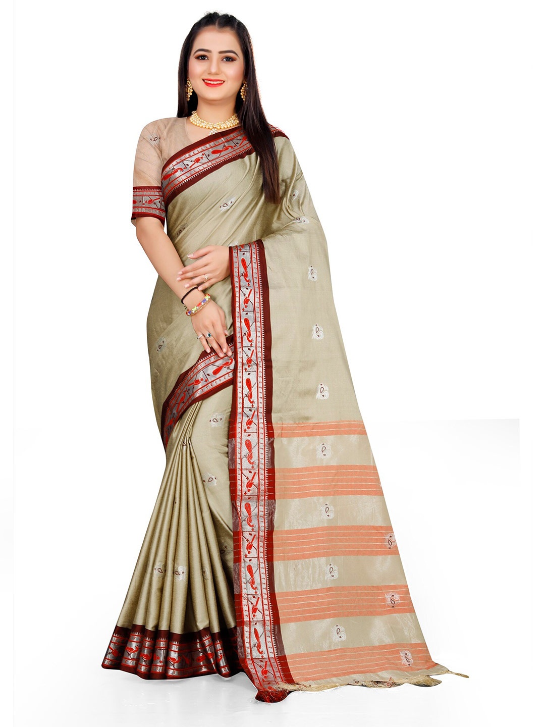 

Grubstaker Olive Green & Red Woven Design Zari Pure Cotton Kanjeevaram Saree