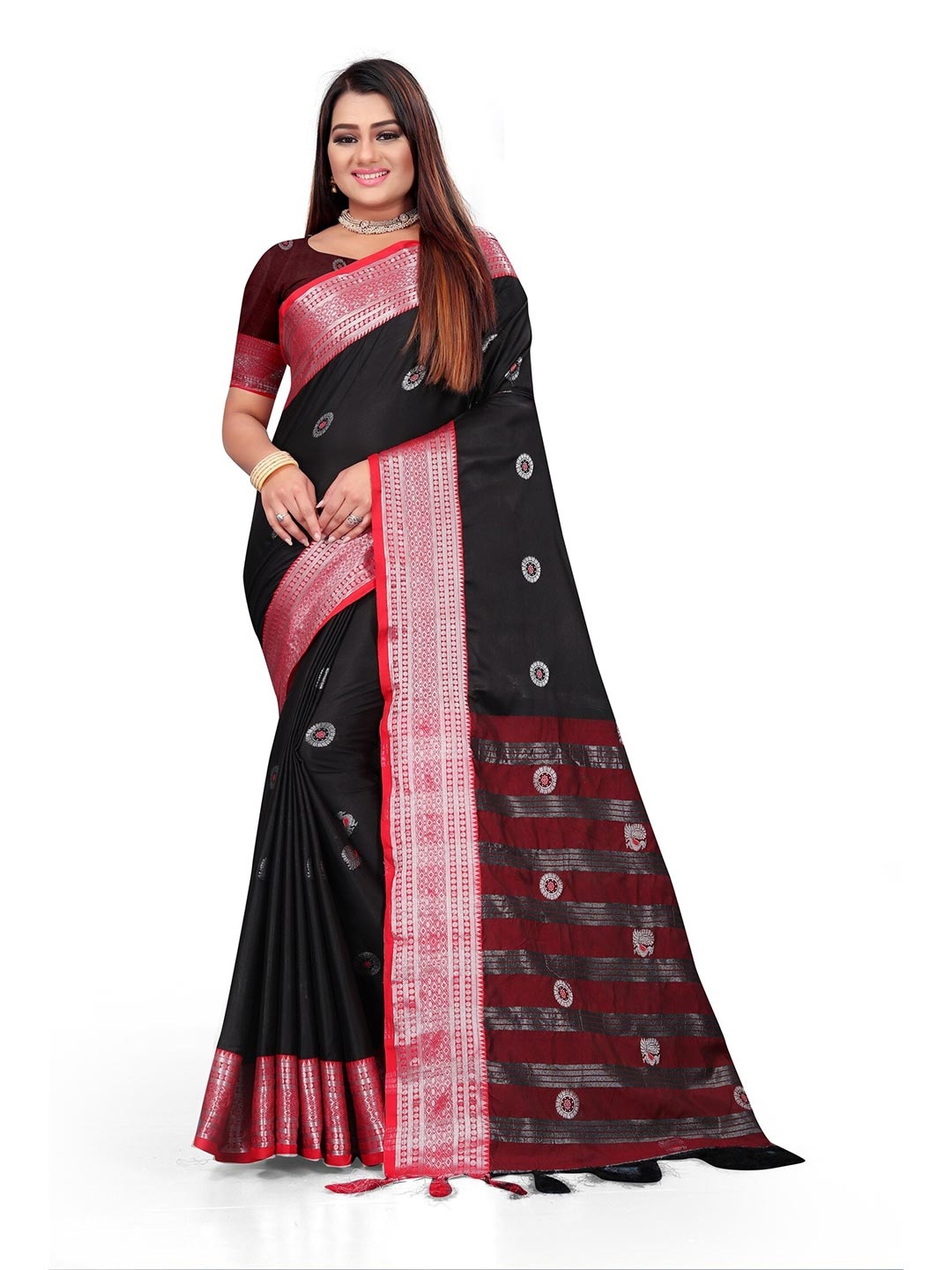 

Grubstaker Black & Pink Woven Design Zari Pure Cotton Kanjeevaram Saree