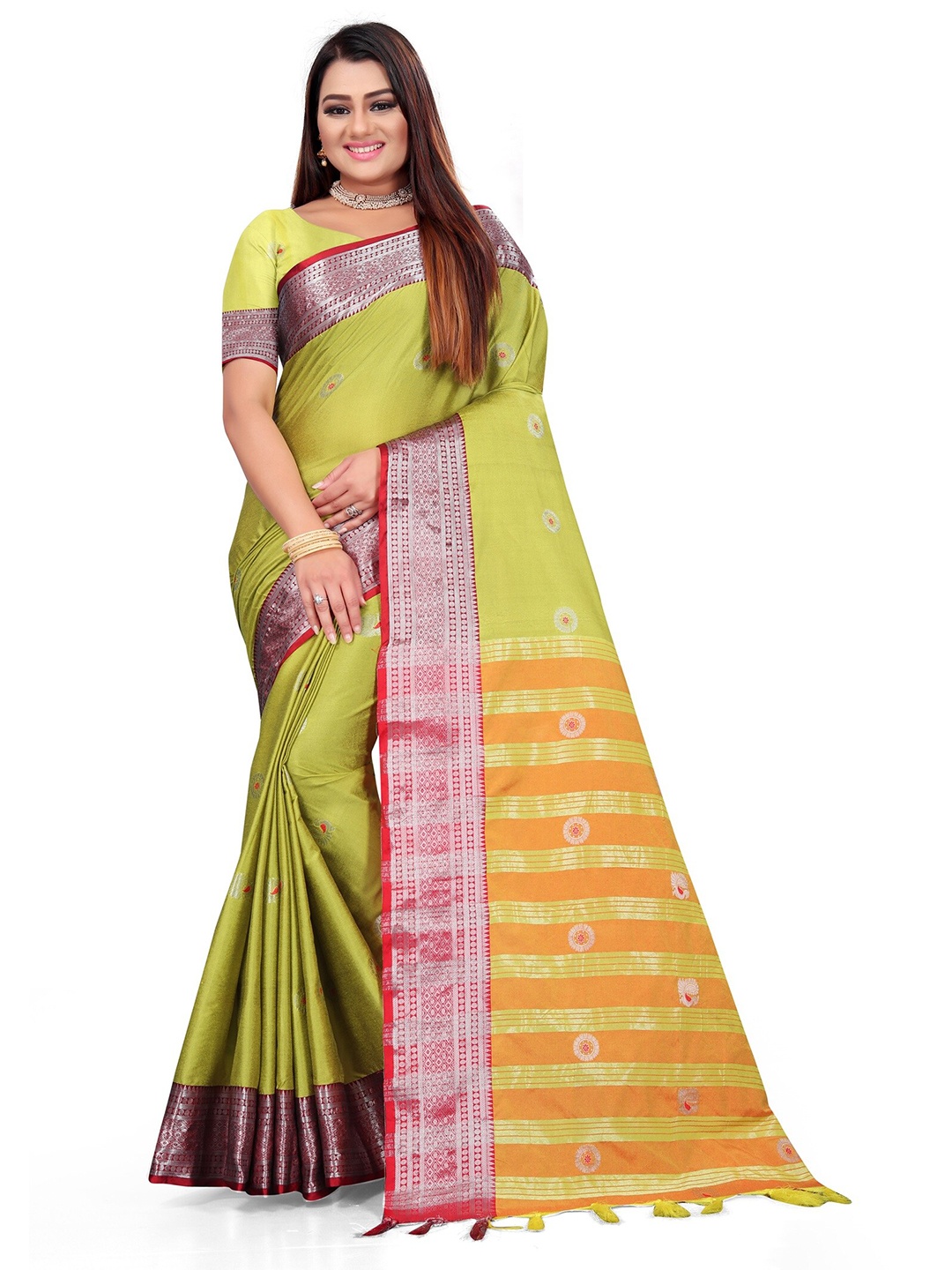 

Grubstaker Yellow & Red Woven Design Zari Pure Cotton Kanjeevaram Saree