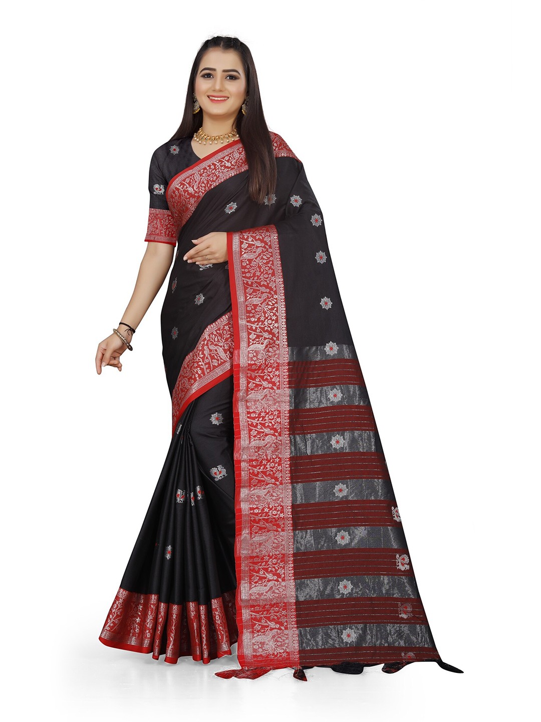 

Grubstaker Blue & Red Woven Design Zari Pure Cotton Saree