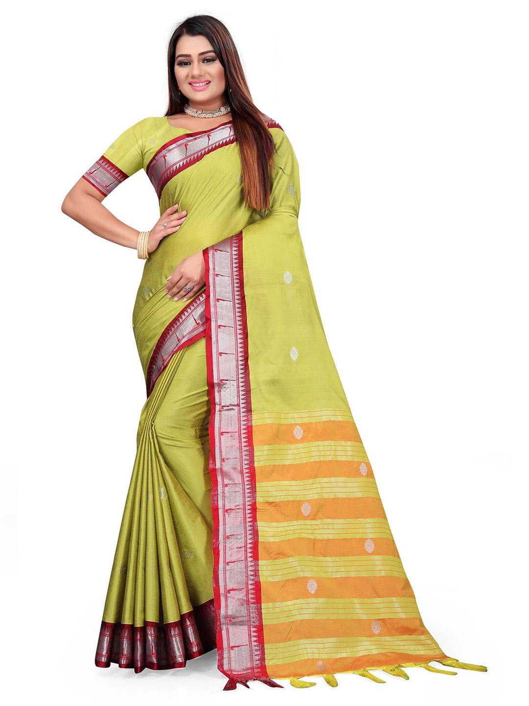 

Grubstaker Lime Green & Red Woven Design Zari Pure Cotton Kanjeevaram Saree