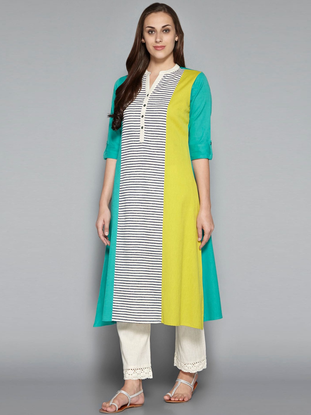 

Pistaa Women Lime Green Striped A-Line Kurta