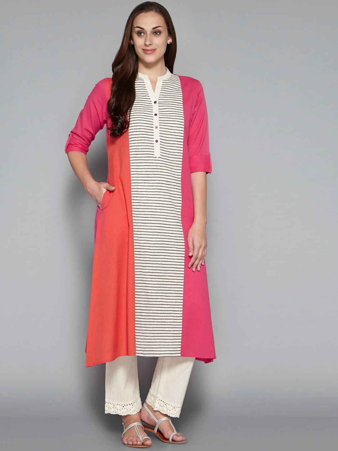

Pistaa Women Pink & Orange Striped A-Line Kurta