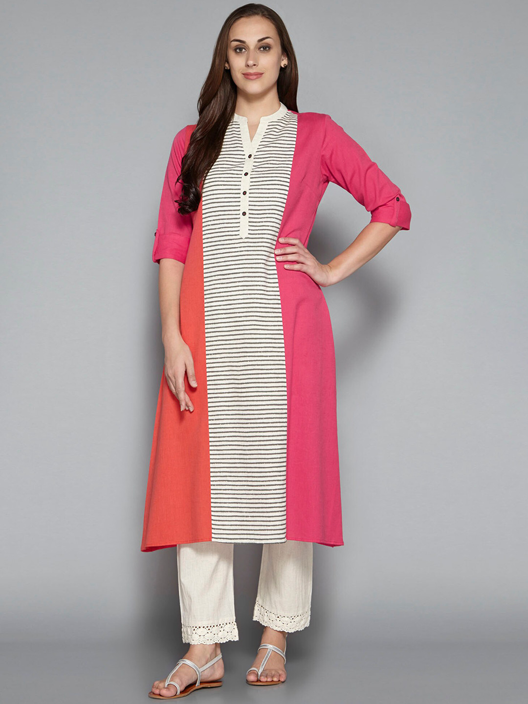 

Pistaa Women Pink & White Striped Kurta