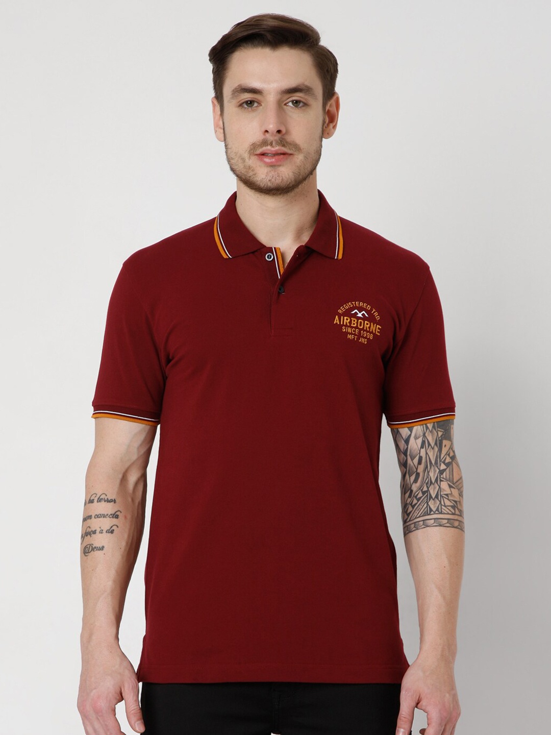

Mufti Men Burgundy & Yellow Typography Polo Collar Slim Fit T-shirt