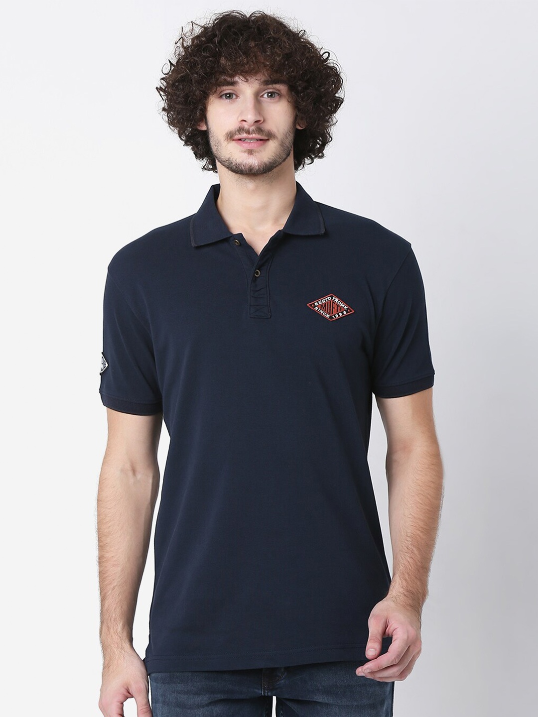 

Mufti Men Navy Blue Polo Collar Applique Slim Fit Cotton T-shirt