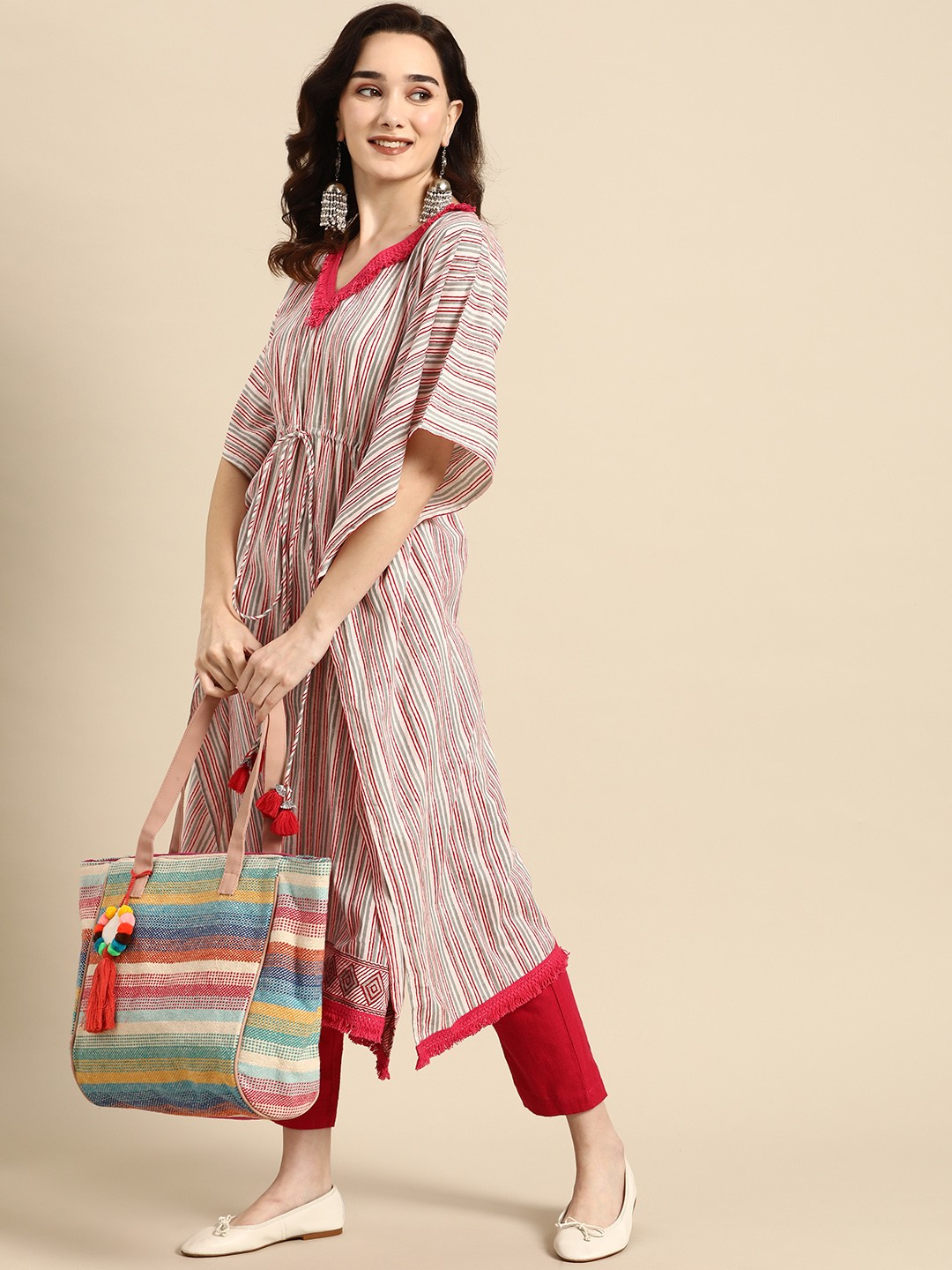 

Sangria Women Red & Grey Striped Flared Sleeves Kaftan Cotton Kurta