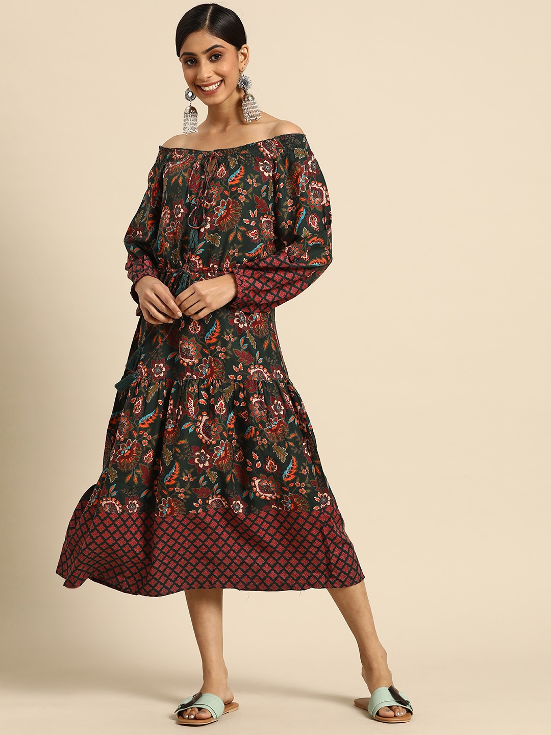 

Sangria Green & Maroon Floral Off-Shoulder A-Line Midi Dress