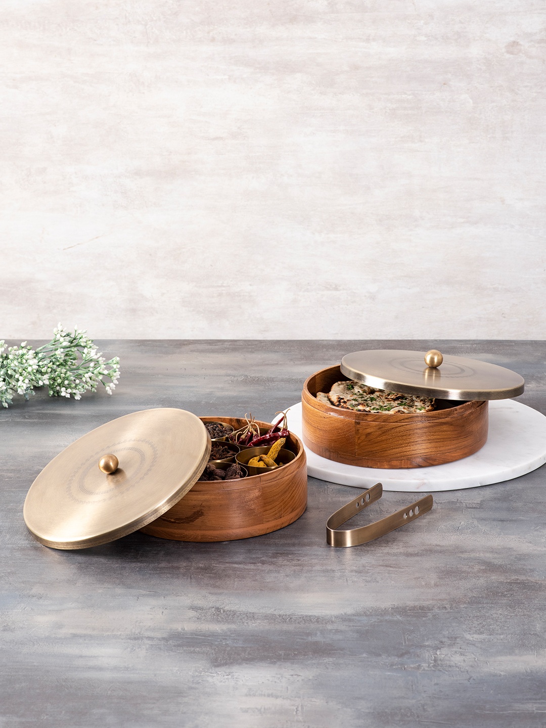 

nestroots Gold-TOned & Brown Wooden Spice Masala Box & Casserole Chapati Box