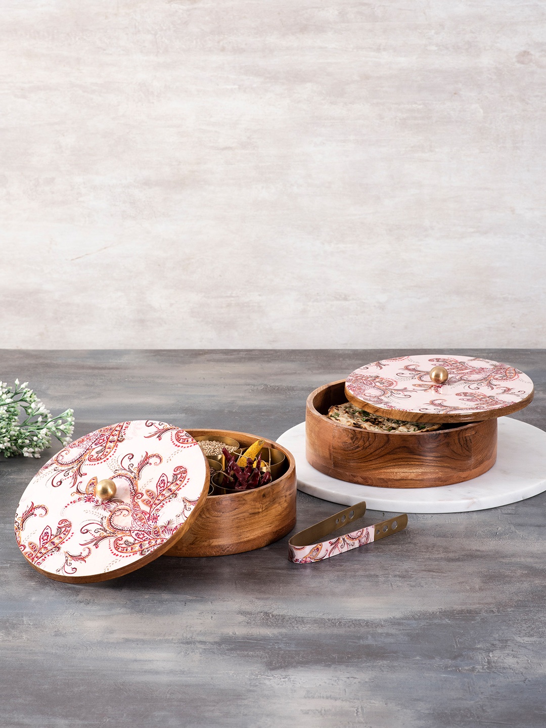 

nestroots Pink Set of 2 Wooden Spice Masala Box & Casserole Chapati Box