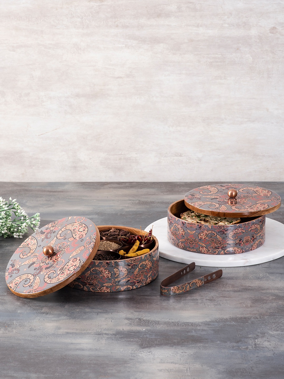 

nestroots Grey & Brown Wooden Spice Masala Box & Casserole Chapati Box