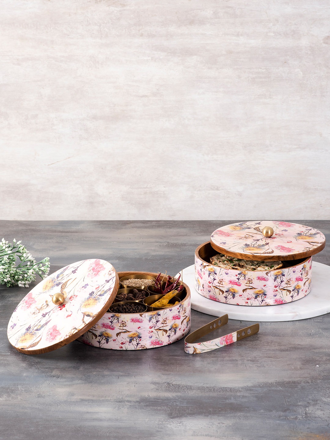 

nestroots Set of 2 Pink & Yellow Wooden Chapati Box & Spice Box With 7 Spice Jar