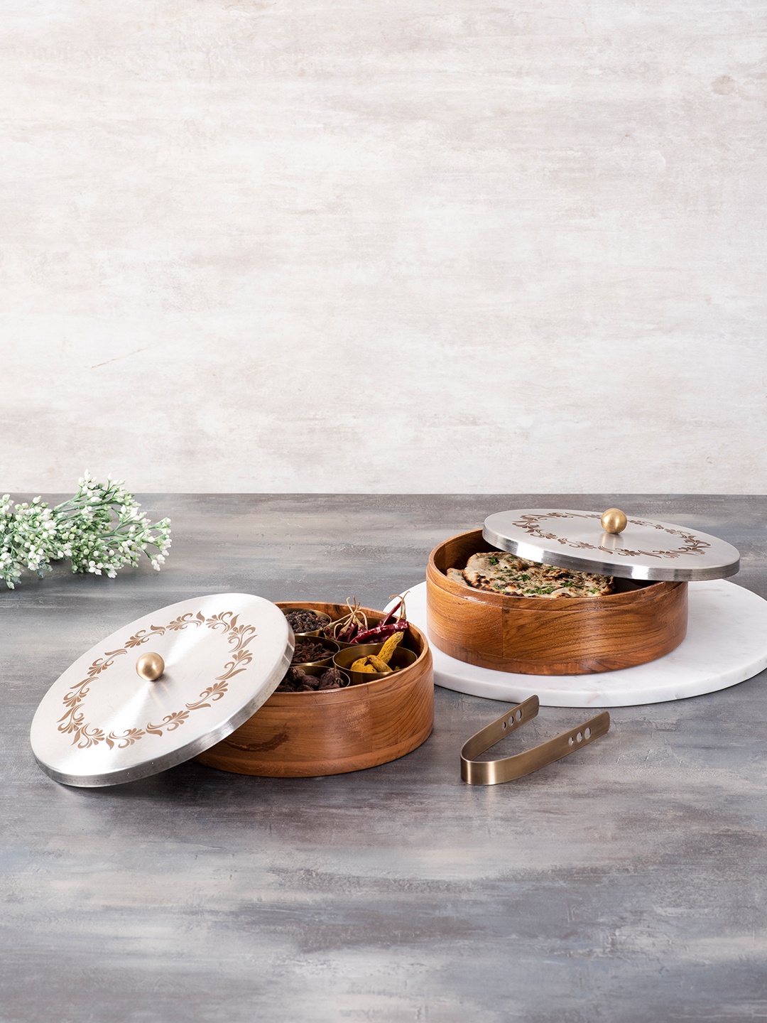 

nestroots Brown 2 Pcs Wooden Serving Collections Spice Masala Box & Casserole Chapati Box