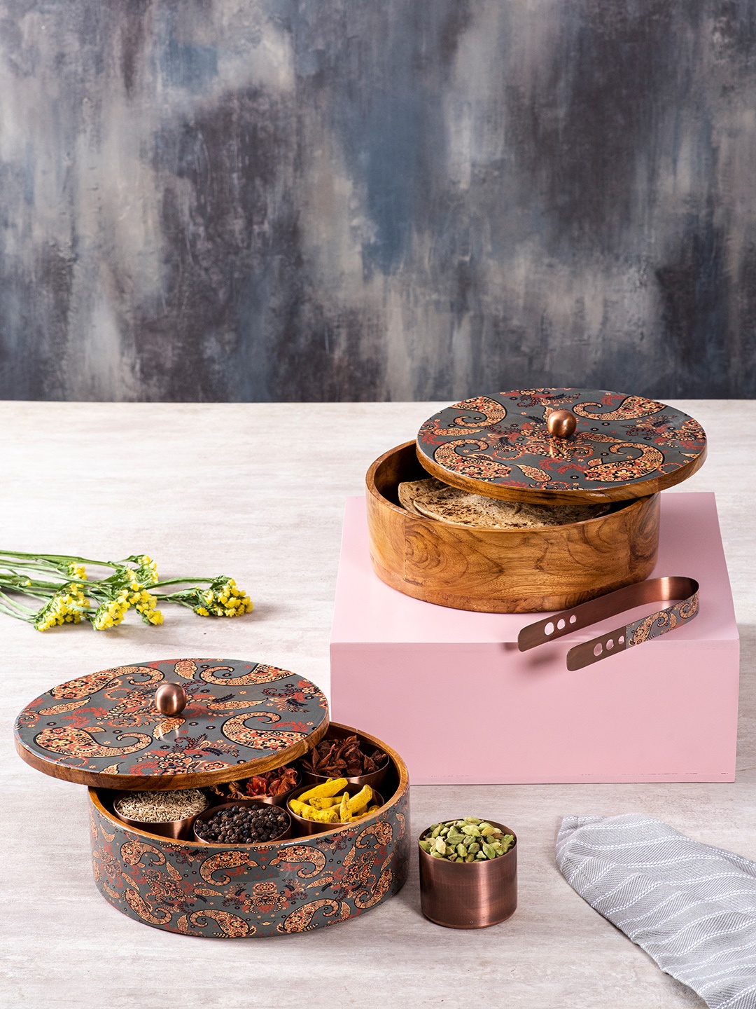 

nestroots Grey & Brown Wooden Spice Masala Box & Casserole Chapati Box Set of 2