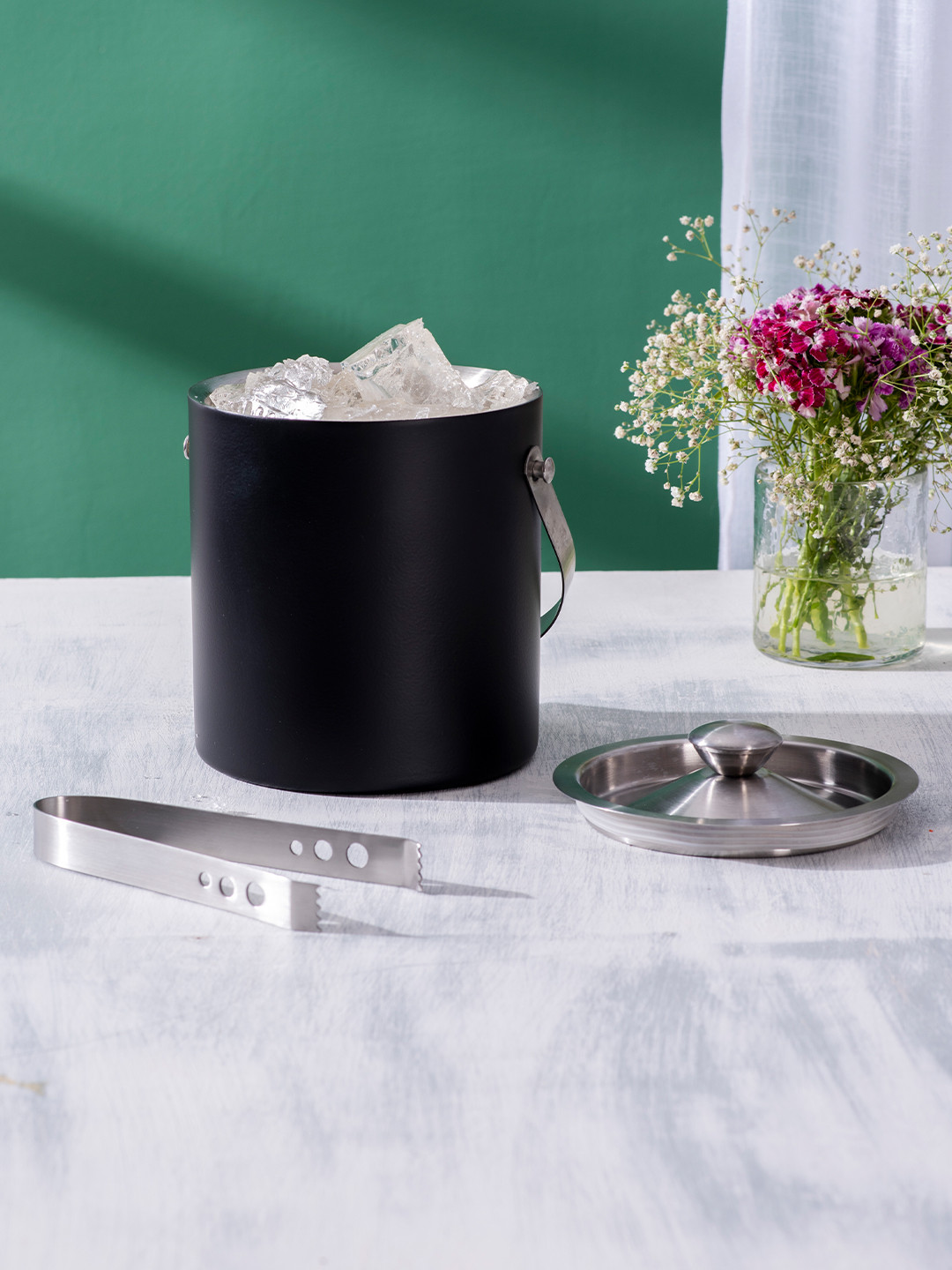 

Nestroots Black & Silver Toned Coloured Stainless Steel Ice Bucket & Tong