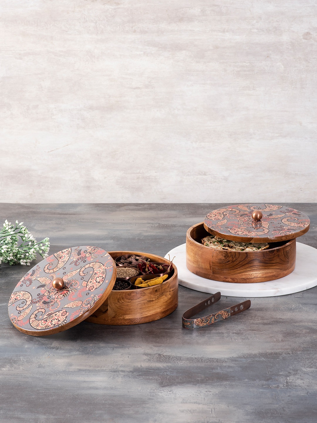 

nestroots Set Of 2 Grey Wooden Spice Masala Box & Casserole Chapati Box