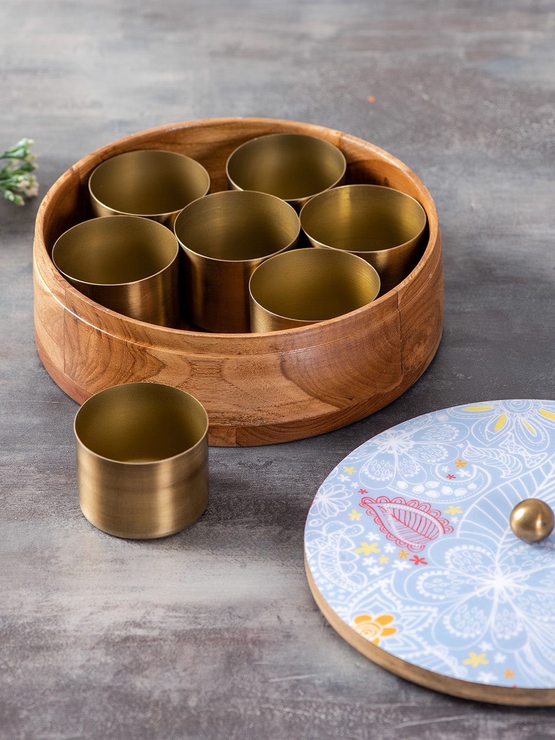 

Nestroots Set Of 2 Brown & Blue Wooden Spice Masala Box & Casserole Chapati Box