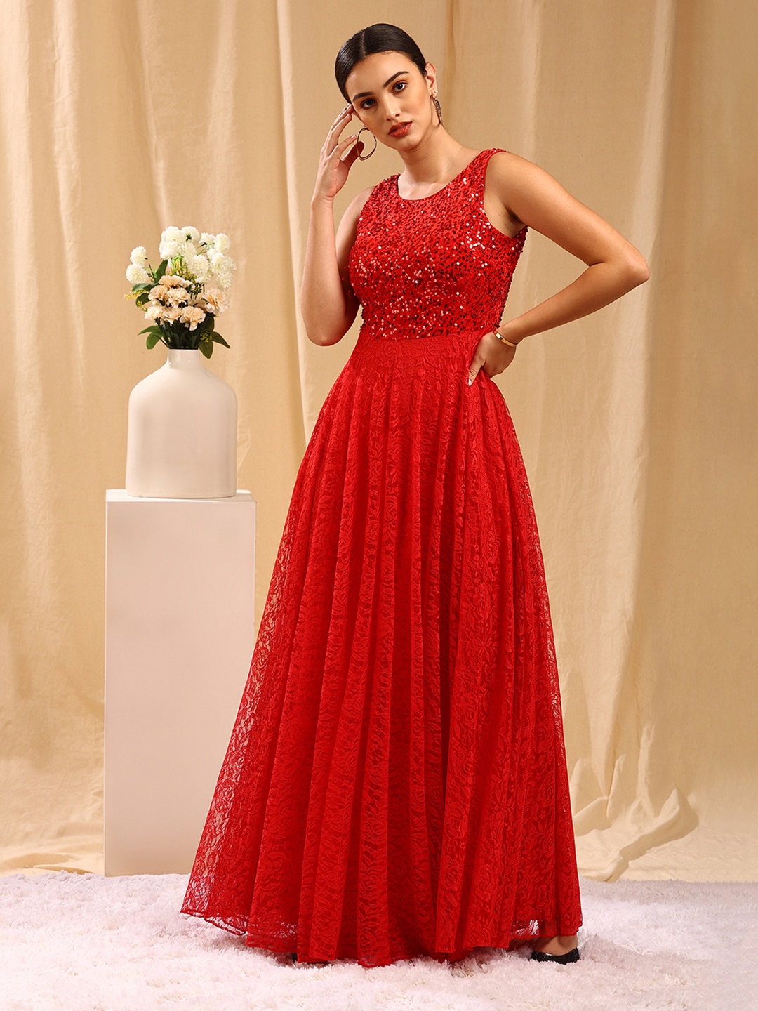 

TRENDY DIVVA Red Embellished Maxi Dress