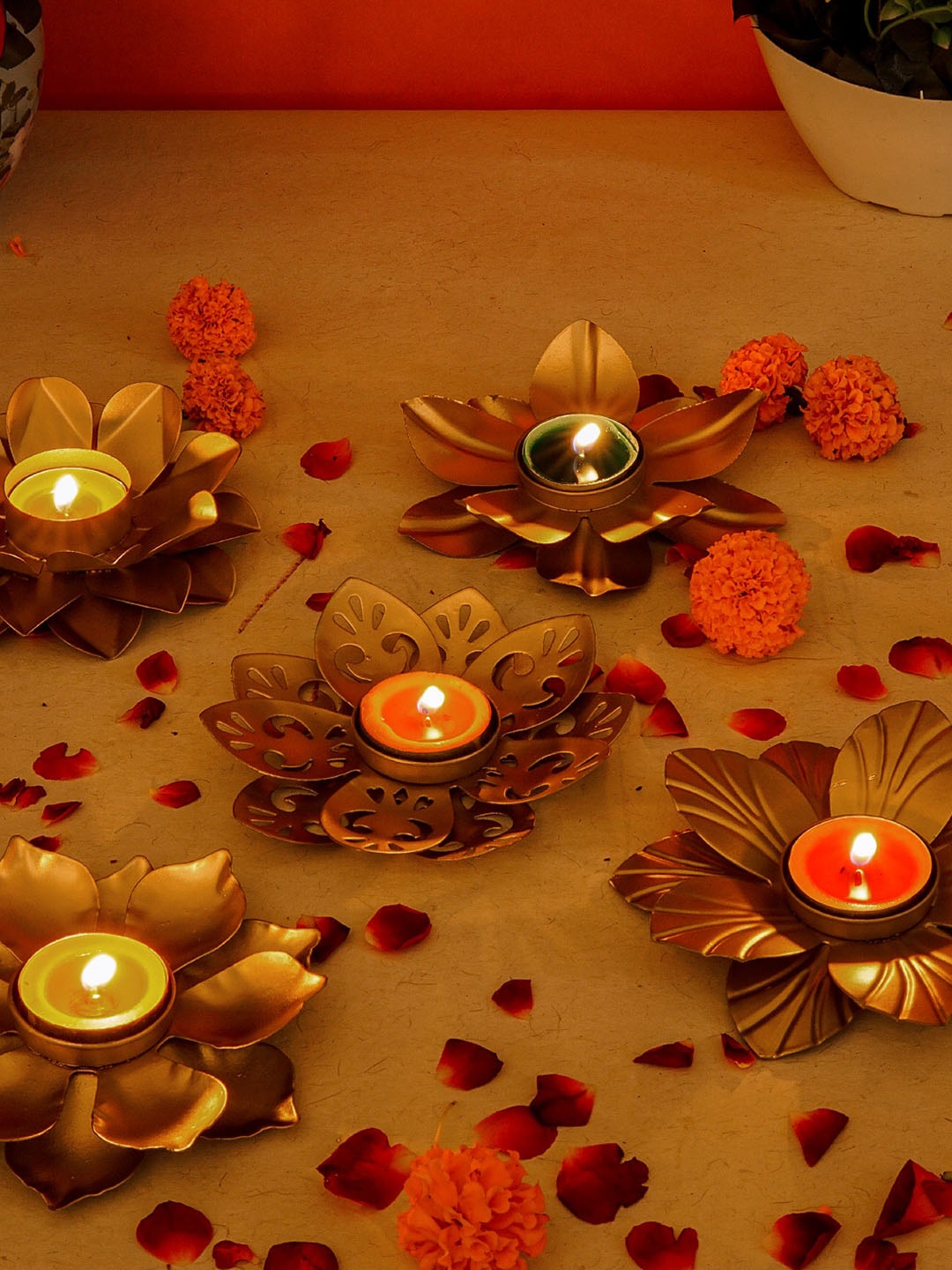 

StatueStudio Set Of 5 Gold-Toned Flower Shape Diya