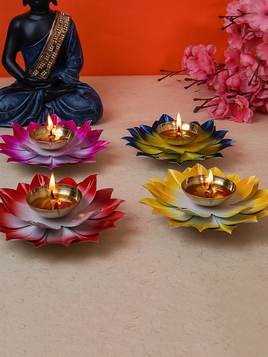 

StatueStudio Set Of 4 Lotus Shaped Metal Diyas, Blue