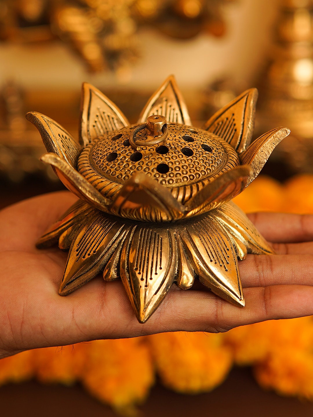

StatueStudio Gold Coloured Solid Brass Hanging Incense Burner Dhoop Dani Pooja Essentials