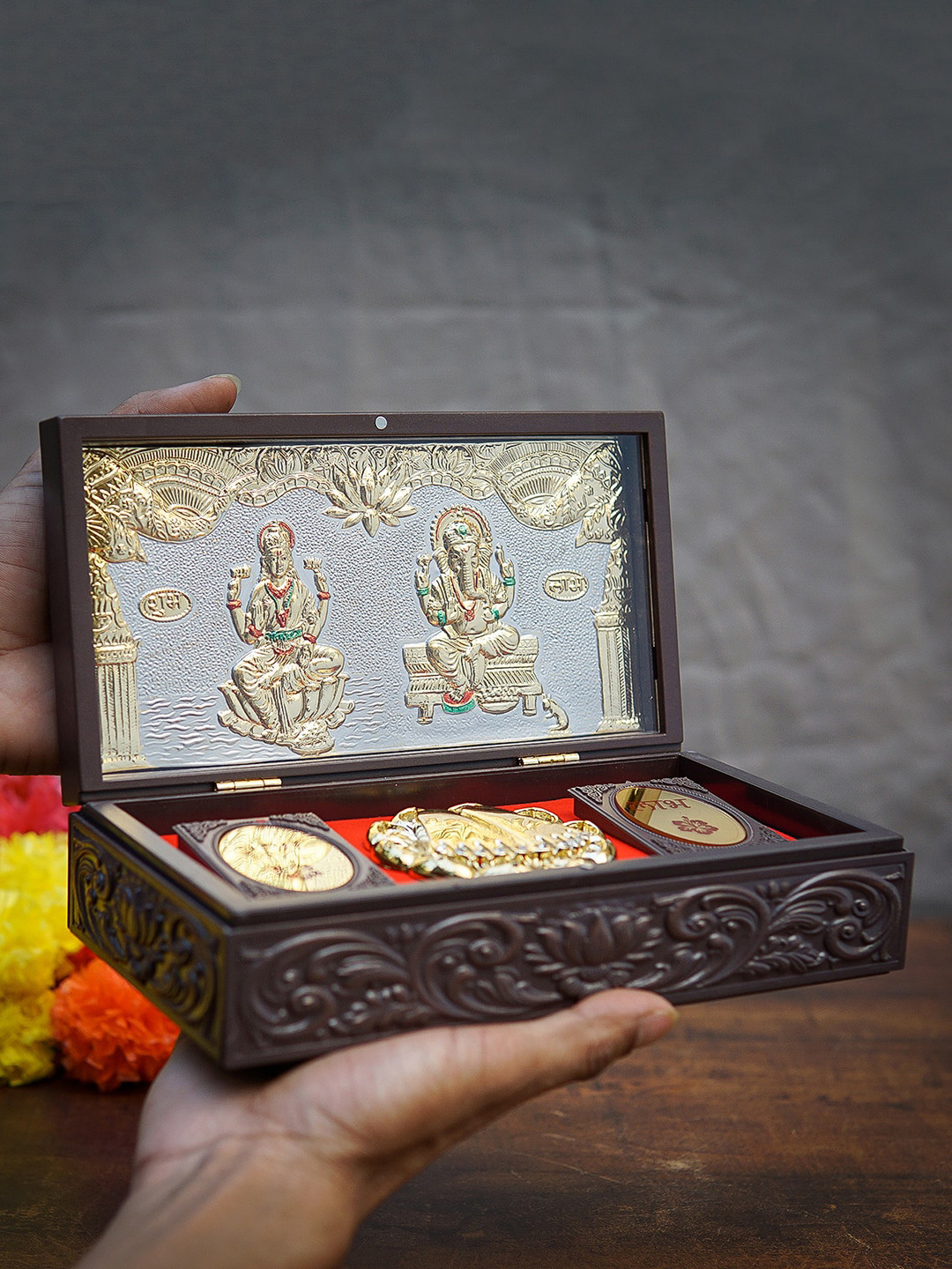 

StatueStudio Gold-Toned & Brown Laxmi Ganesha Charan Paduka