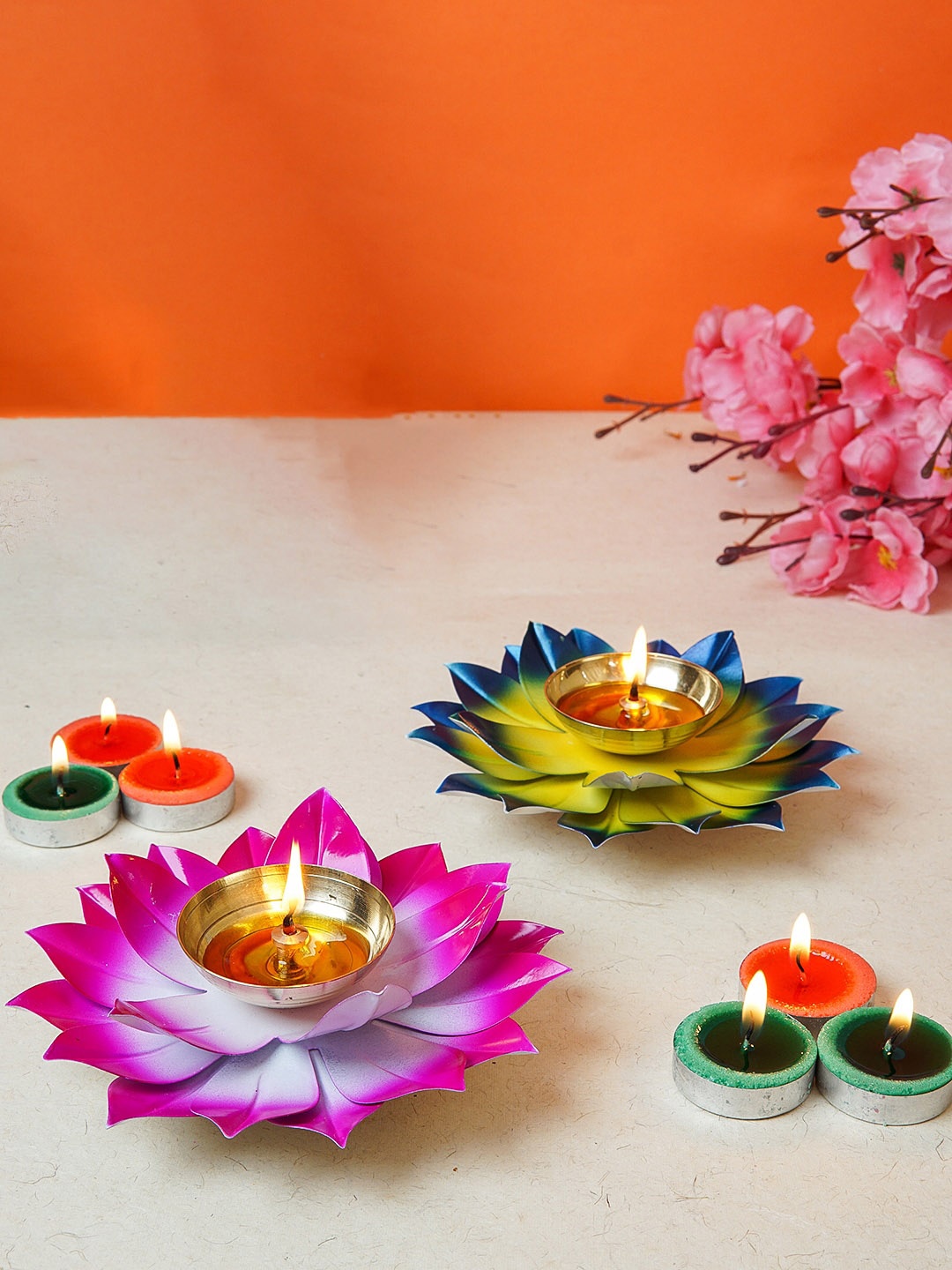 

StatueStudio Set Of 2 Pink & Yellow Lotus-Shaped Diya