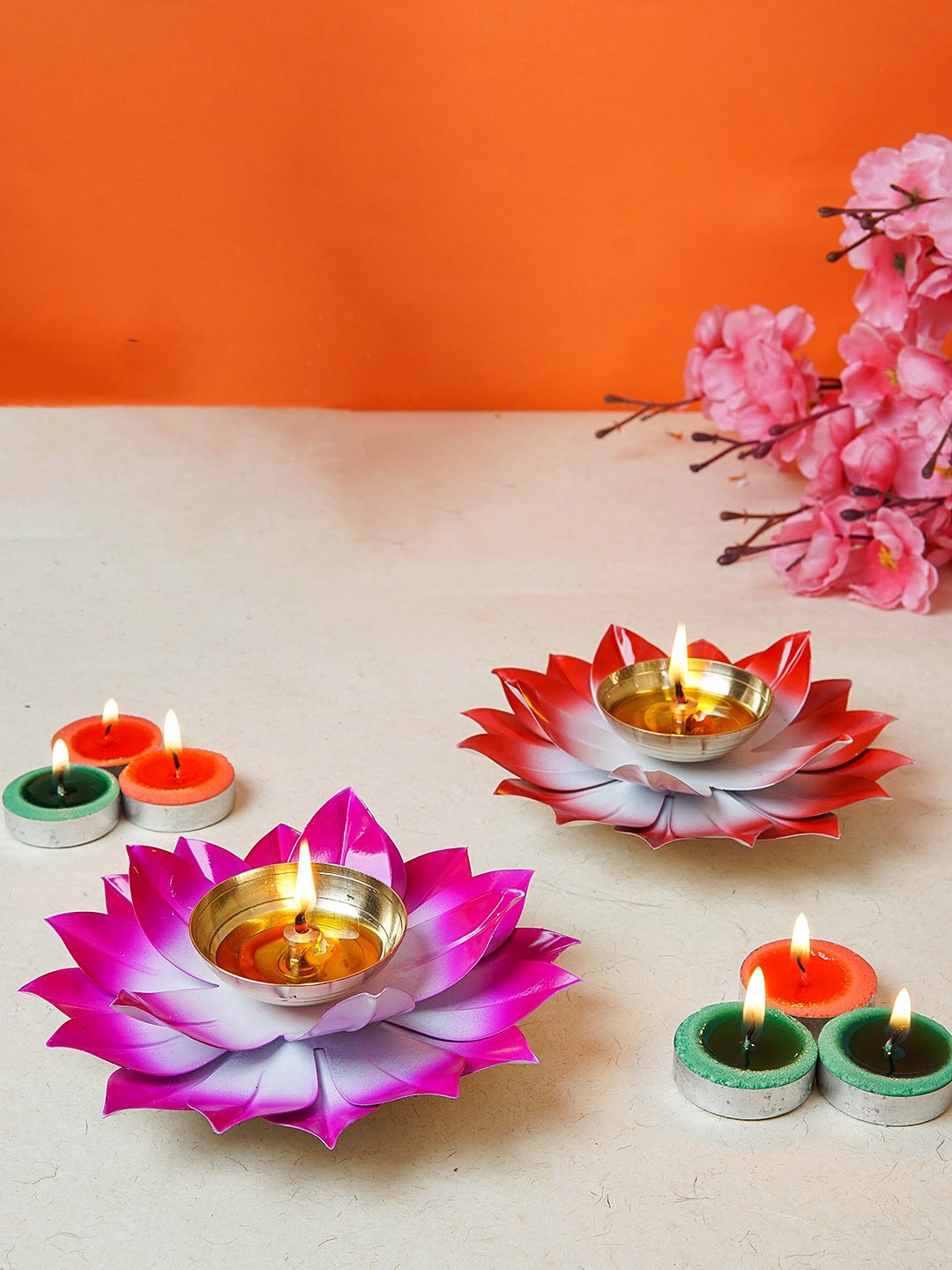 

StatueStudio Set Of 2 Gold-Toned & Pink Lotus Diya