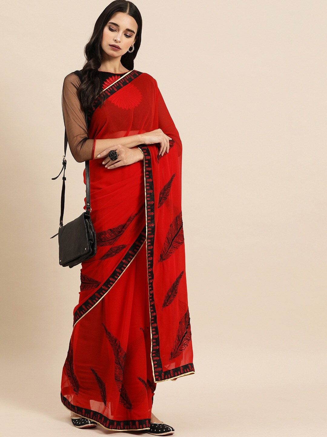 

Sangria Red & Black Floral Embroidered Pure Georgette Saree