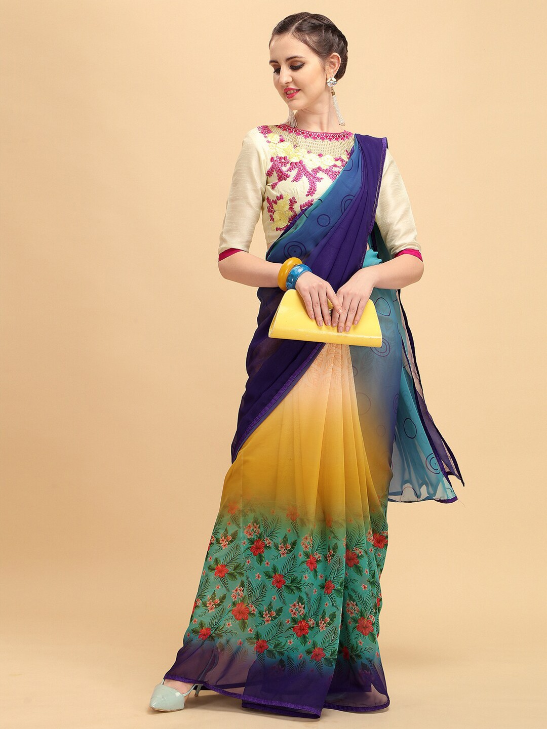 

Sangria Blue & Yellow Floral Embroidered Pure Georgette Saree