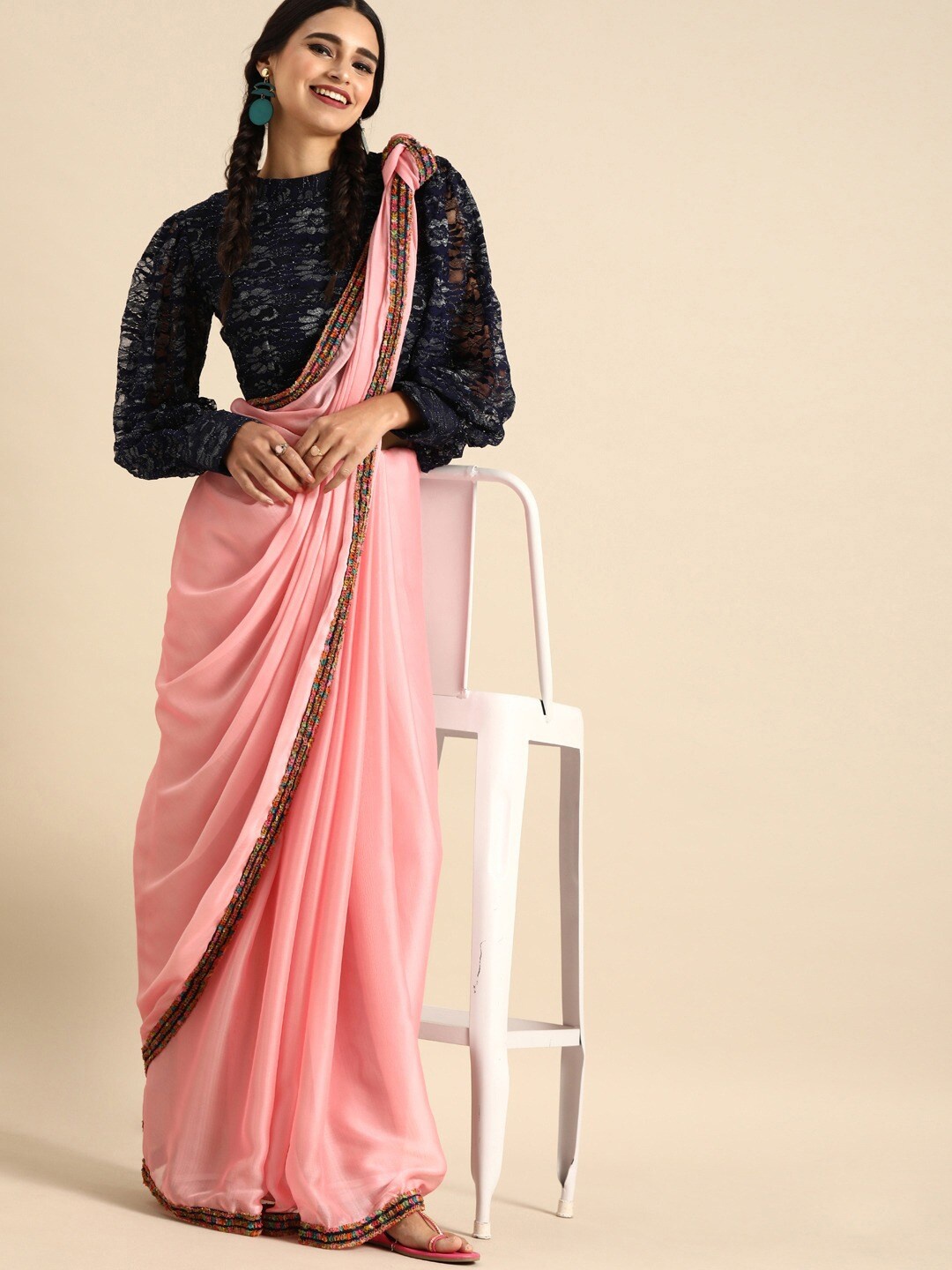 

Sangria Rose & Black Embroidered Pure Chiffon Embroidered Fancy Lace Party Saree