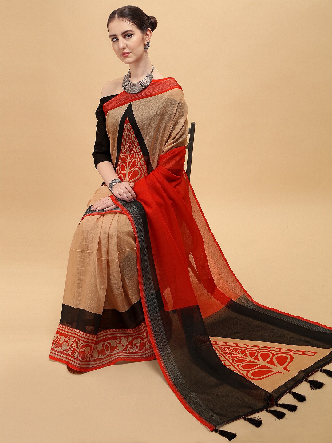 

Sangria Beige & Orange Zari Pure Linen Paisley Work Wear Saree
