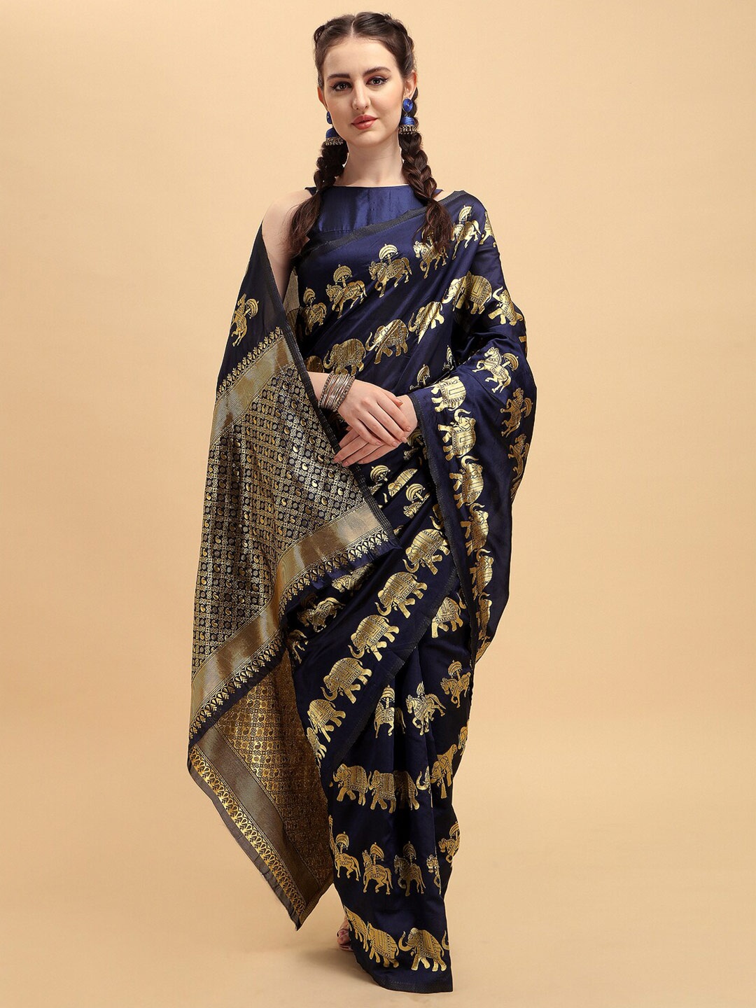 

Sangria Navy Blue & Gold-Toned Ethnic Motifs Zari Silk Blend Heavy Work Banarasi Saree
