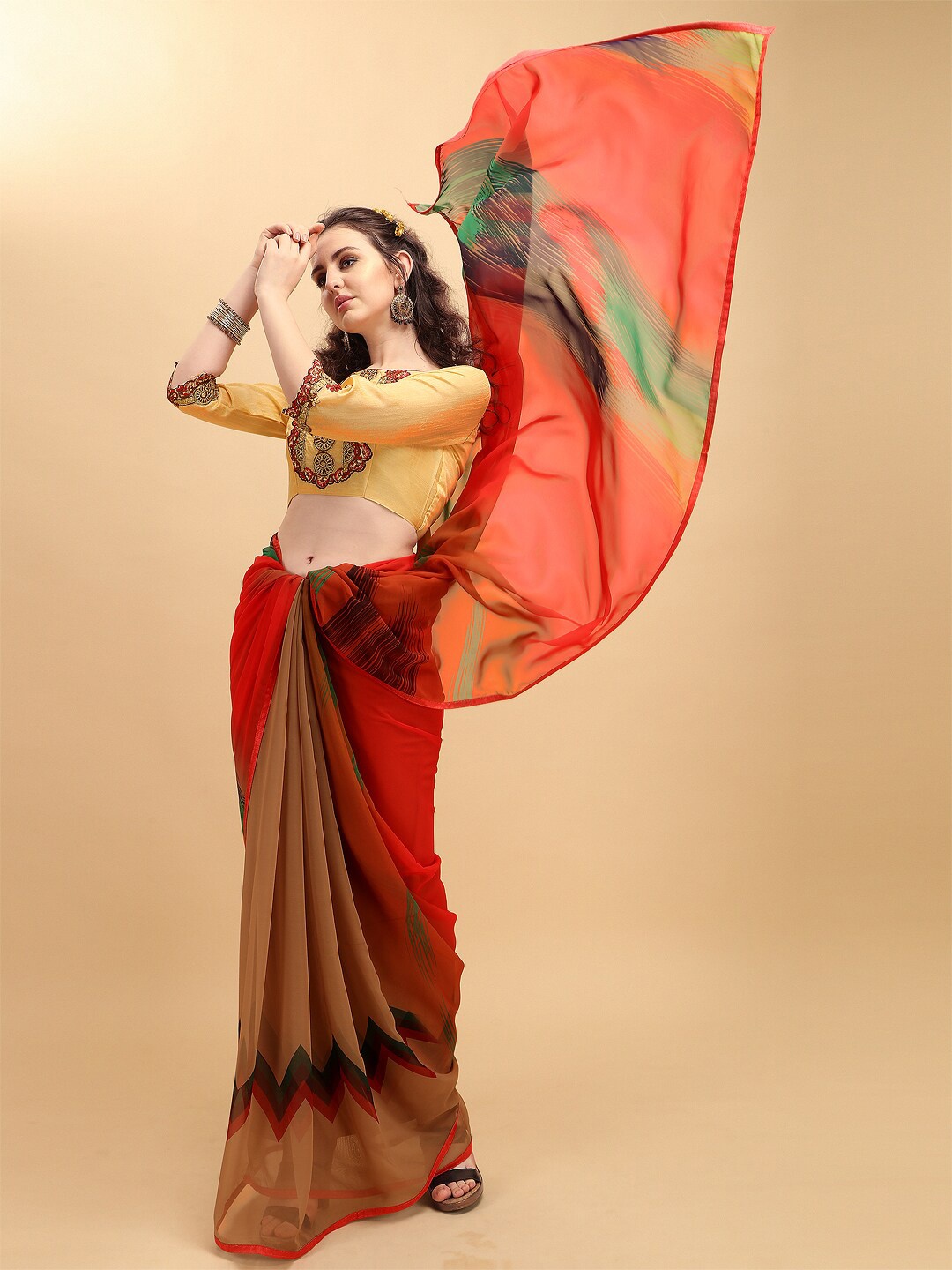 

Sangria Red & Green Embroidered Pure Georgette Saree