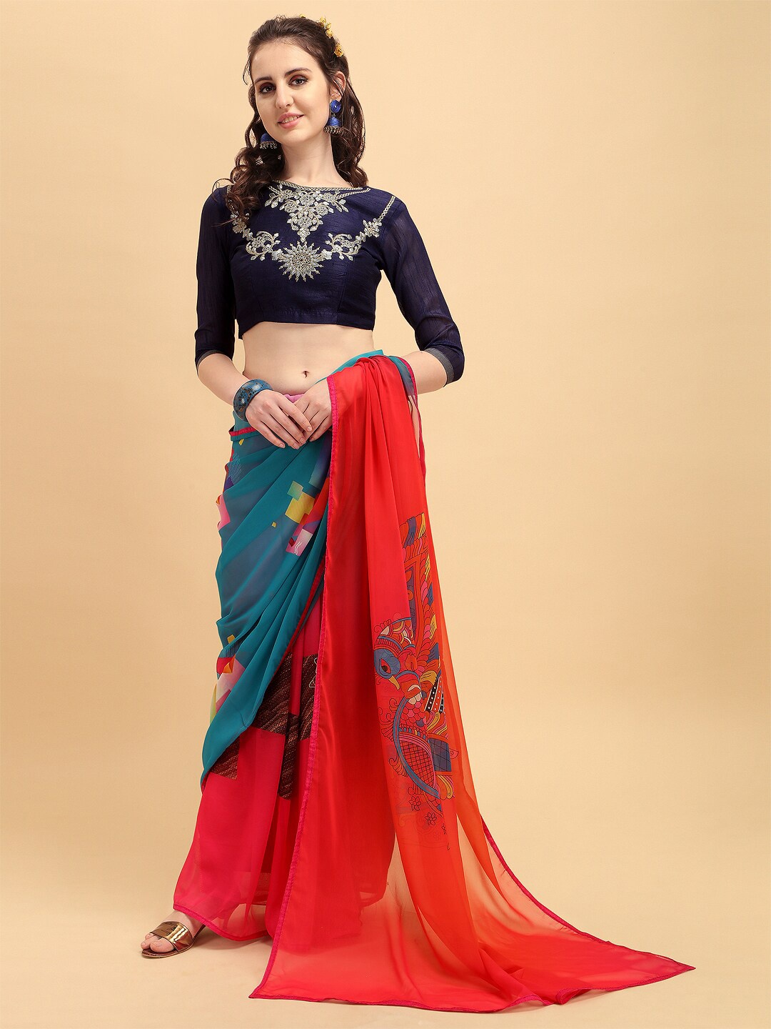 Sangria Women Red, Blue Printed Saree