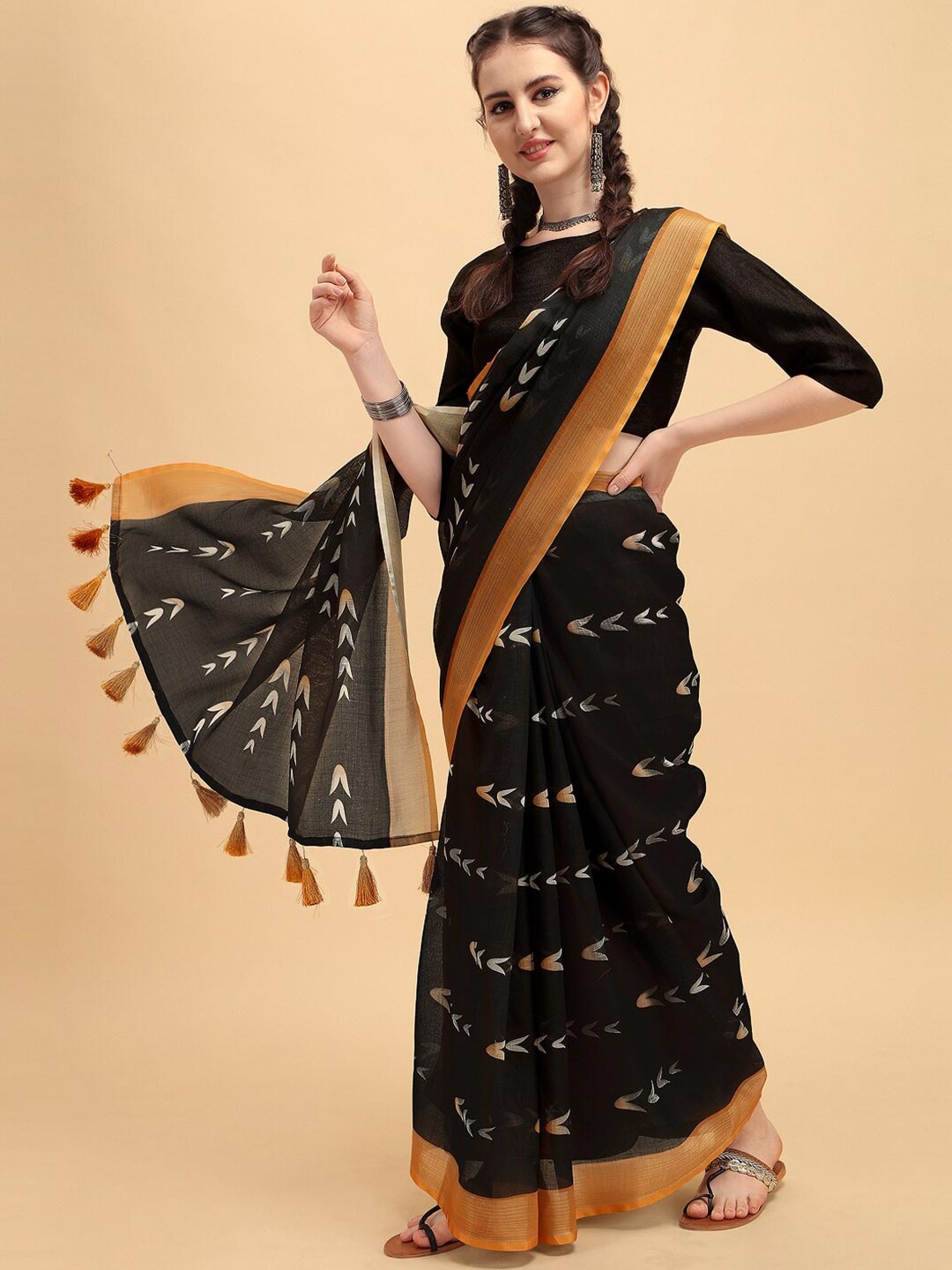 

Sangria Black & Mustard Floral Pure Linen Saree