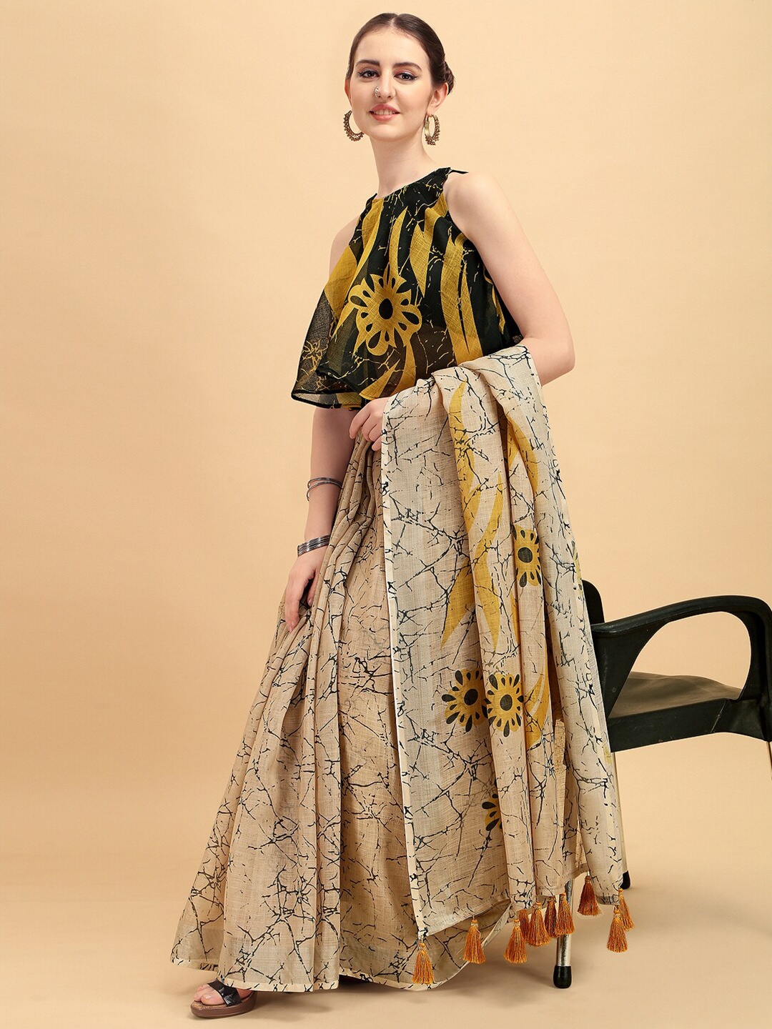 

Sangria Beige & Grey Beads and Stones Pure Linen Saree