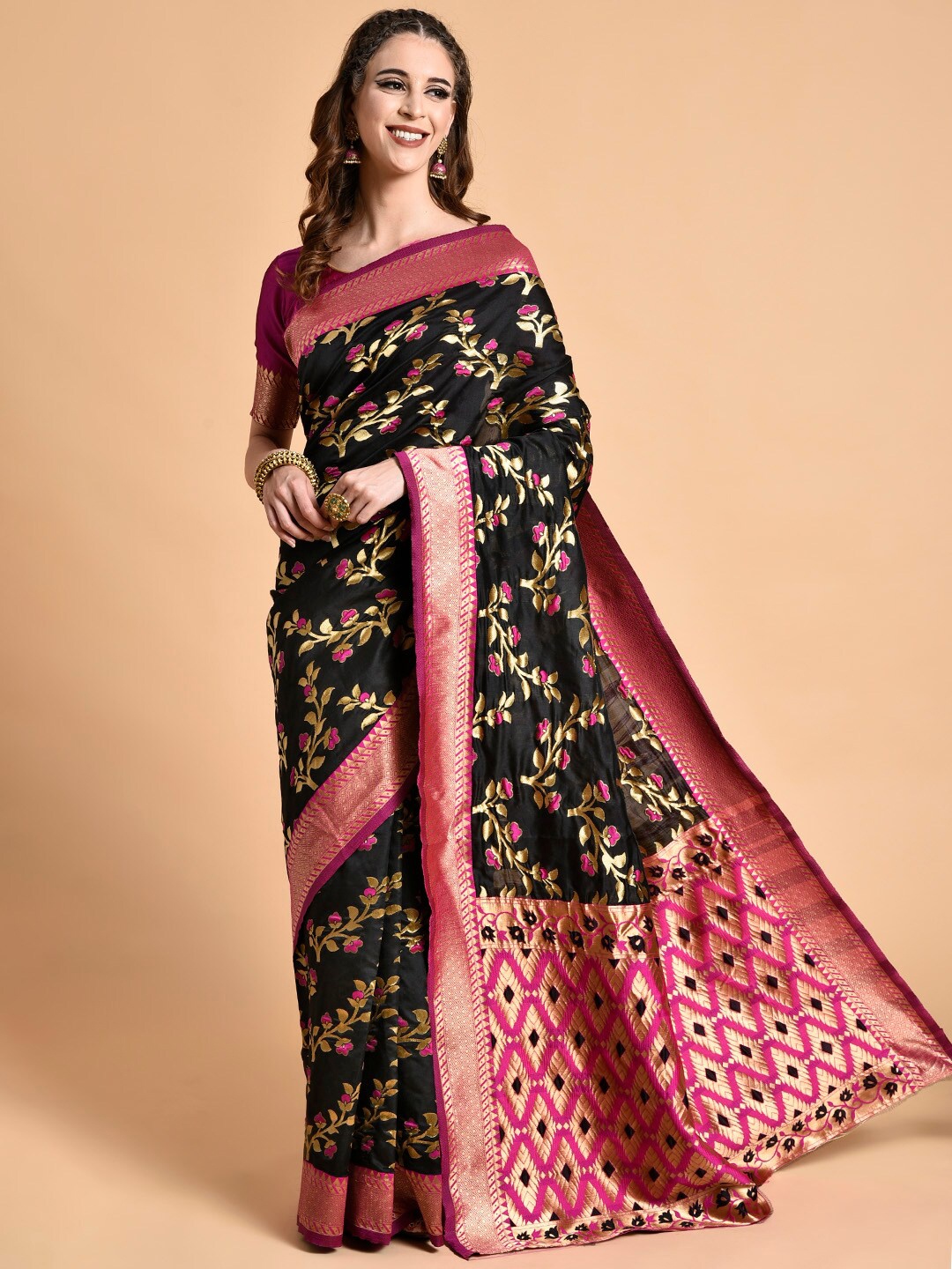 Sangria Black Floral Woven Design Zari Silk Blend Banarasi Saree