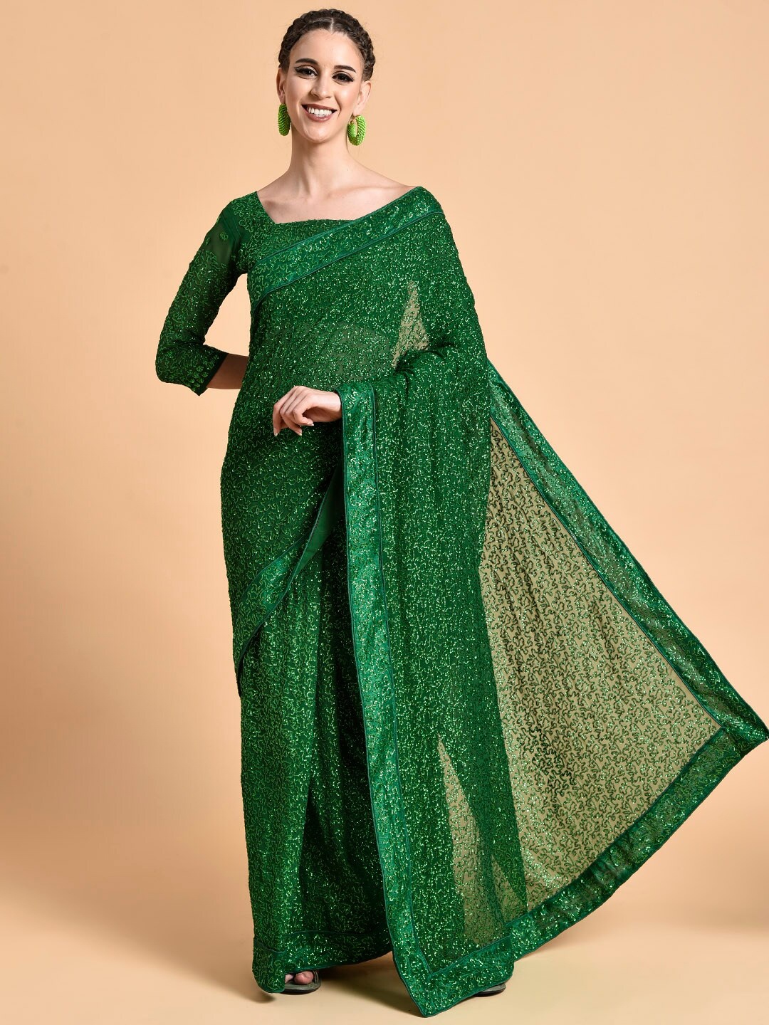 Sangria Women Green Sequinned Pure Embellished Georgette Saree blouse piece