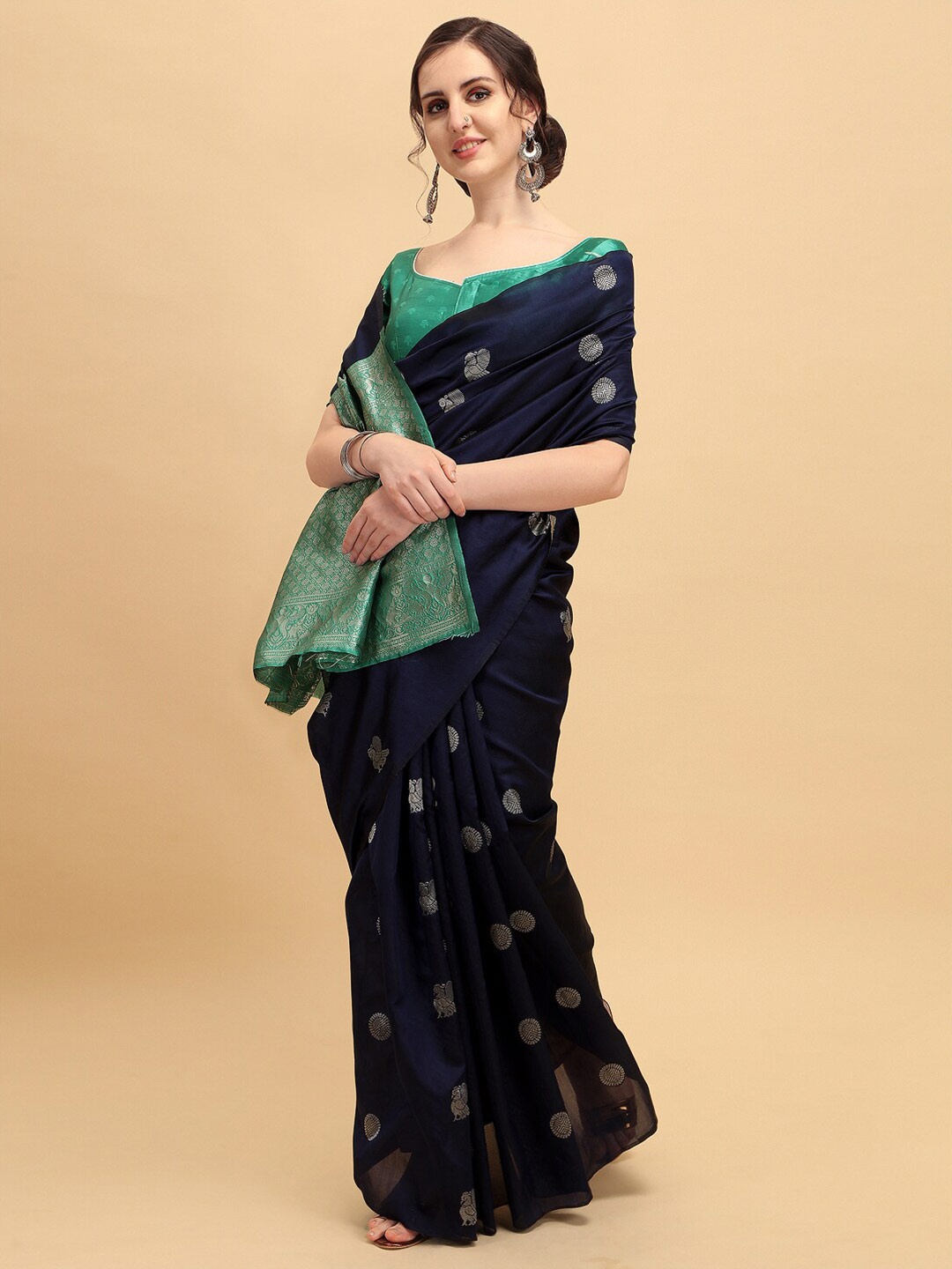 

Sangria Navy Blue & Green Ethnic Motifs Zari Silk Blend Banarasi Saree