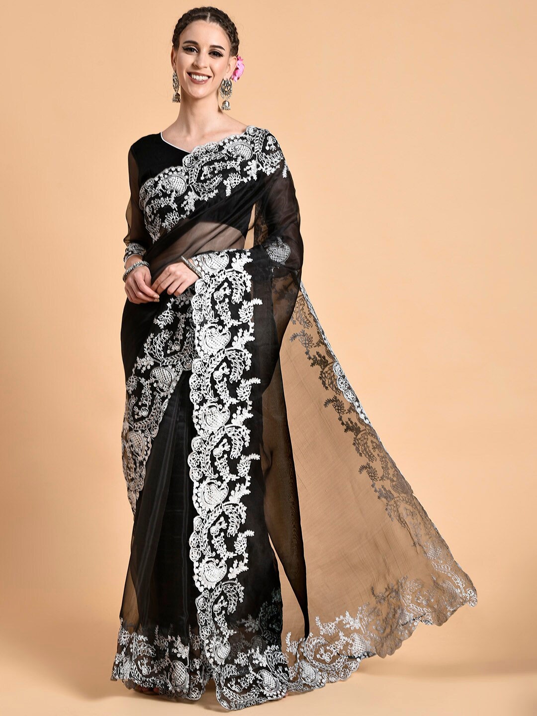 

Sangria Women Black Organza Embroidered Border Saree