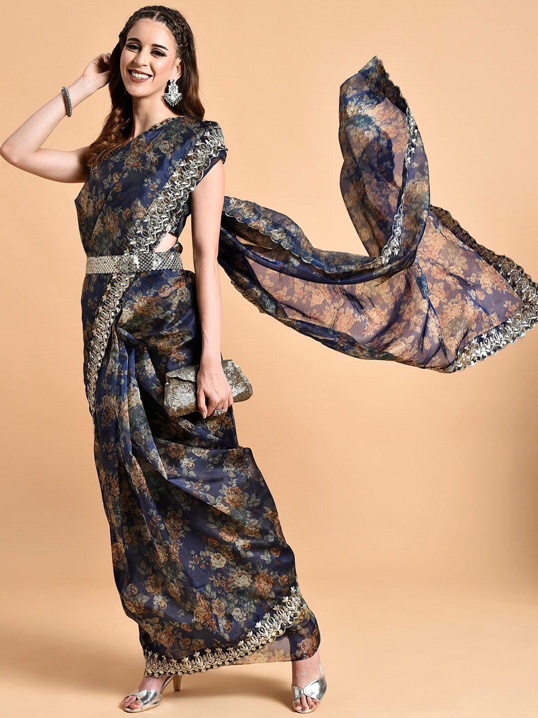 

Sangria Women Navy Blue & Brown Floral Embroidered Organza Saree